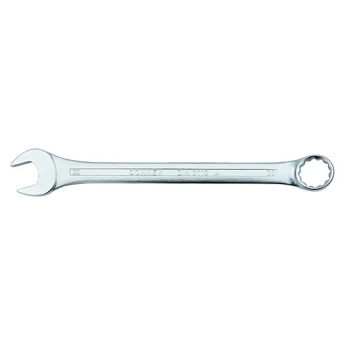 Connex Llave combinada - Ancho de llave: 30 mm - Una llave mixta Connex plateada, adecuada para tornillos y tuercas de 30 mm. La herramienta es robusta y duradera para diversas tareas.