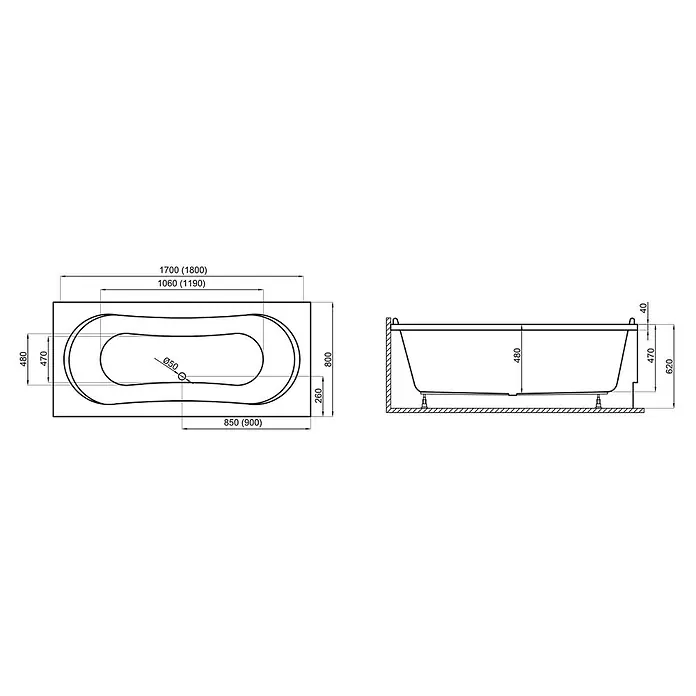 Bad Land Badewanne LONG Acryl-Eckwanne 170 x 80 cm Weiß, inkl. Wannenträger - Sanitäracryl, Weiß - Technisches Datenblatt einer rechteckigen Badewanne mit Maßen: Länge 1700/1800mm, Breite 850/900mm, Höhe 620mm.