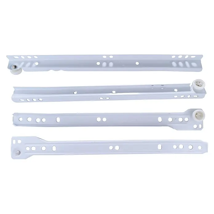 Guía para cajones - 22 mm - 350 mm, Blanco, 2 ud., Extracción parcial - Cuatro guías de cajón de metal blanco con rodillos.