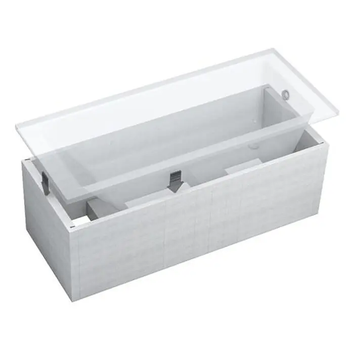 Bad Land Badewanne - 130 x 70 cm, Sanitäracryl, Weiß - Rechteckiger hellgrauer Behälter mit transparenter Abdeckung, die durch Pfeile geführt aufgesetzt wird.