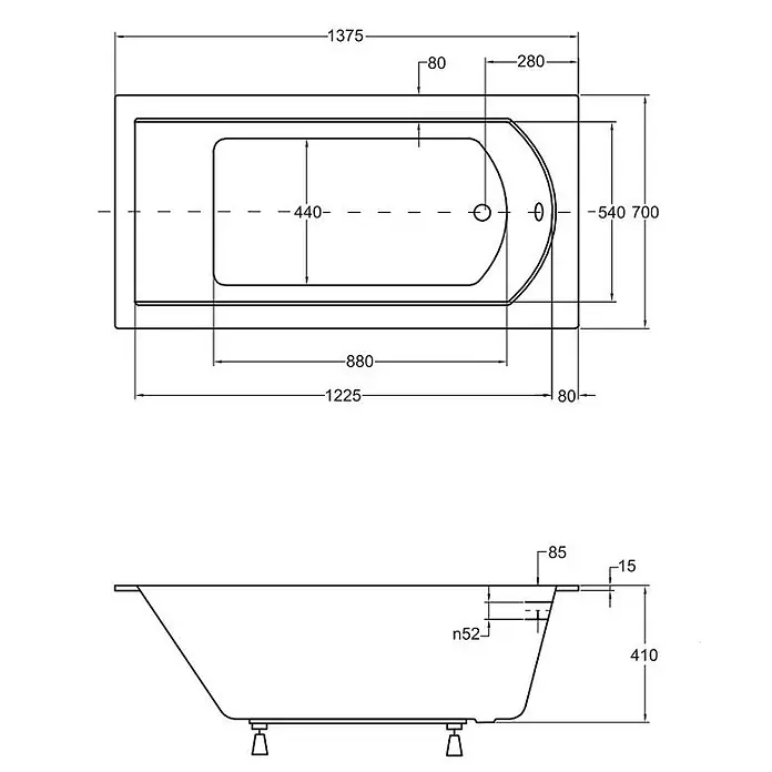 Bad Land Badewanne SHEA SLIM Acryl-Eckwanne 140 x 70 cm Weiß - 140 x 70 cm, Sanitäracryl, Weiß - Technische Zeichnung einer rechteckigen Badewanne mit runder Kopfseite, mit Drauf- und Seitenansicht und detaillierten Maßen.