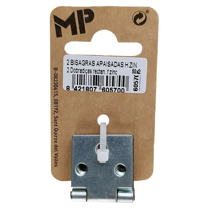 M.Pascual Bisagra de piano - L x An: 50 x 25 mm, Fundición, Zincado - Dos bisagras rectangulares cincadas, empaquetadas en un colgador de cartón marrón con código de barras y marca MP.