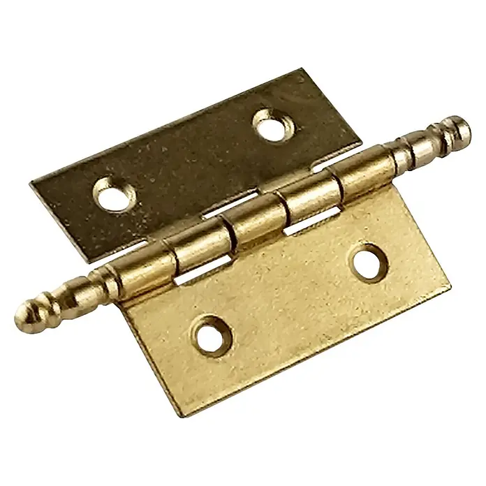 M.Pascual Bisagra de piano - L x An: 35 x 30 mm, Latón, 2 ud. - Bisagra decorativa color latón con dos palas con orificios para tornillos y un pasador ornamentado, parcialmente abierta.
