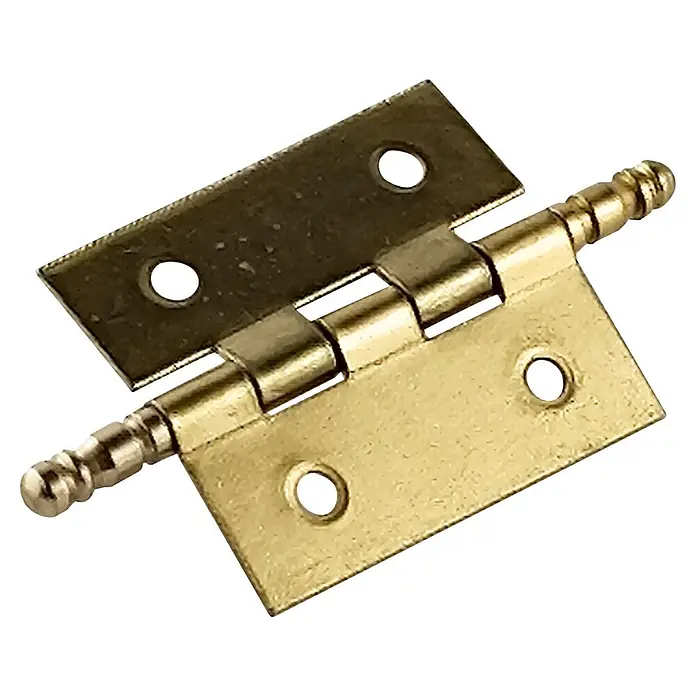 M.Pascual Bisagra de piano - L x An: 35 x 30 mm, Latón, 2 ud. - Bisagra abierta color latón con dos palas y pasador decorativo, mostrando orificios para tornillos.