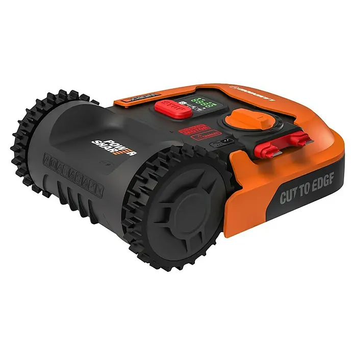 Worx PowerShare 20V Robot cortacésped Landroid M500 - 500 m², Ancho de corte: 18 cm, Navegación por inducción, Cable de antena - La imagen muestra un robot cortacésped Worx Landroid en negro y naranja. El robot tiene una pantalla, un botón de parada y un diseño "Cut to Edge".