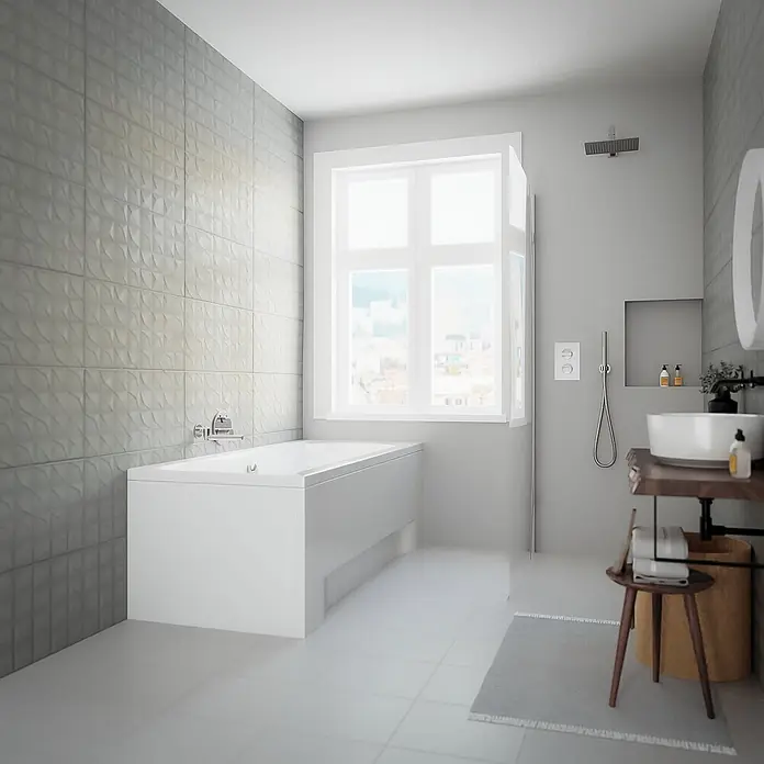 Bad Land Badewanne INES Acryl-Eckwanne 170 x 75 cm Weiß - 170 x 75 cm, Sanitäracryl, Weiß - Modernes Badezimmer mit weißer Badewanne, Dusche und Waschtisch. Eine Wand ist mit strukturierten Fliesen versehen.