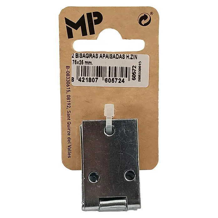 M.Pascual Bisagra de piano - L x An: 75 x 25 mm, Fundición, Zincado - Dos bisagras planas de acero galvanizado de 76x26mm en su empaque de venta.