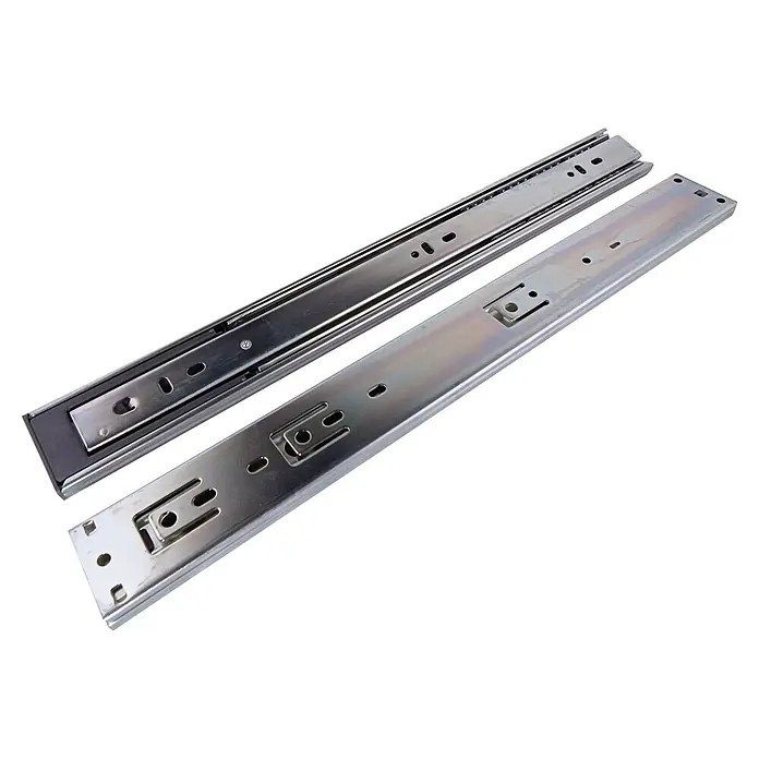 Guía para cajones - 45 mm - 400 mm, 2 ud., Extracción total - Dos guías de cajón metálicas plateadas de extensión total, mostrando orificios de montaje y rodamientos.