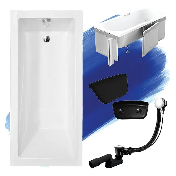 Bad Land Badewanne - 160 x 70 cm, Sanitäracryl, Weiß - Weiße, rechteckige Badewanne mit zugehöriger schwarzer Kopfstütze und verchromtem und schwarzem Abfallsystem.