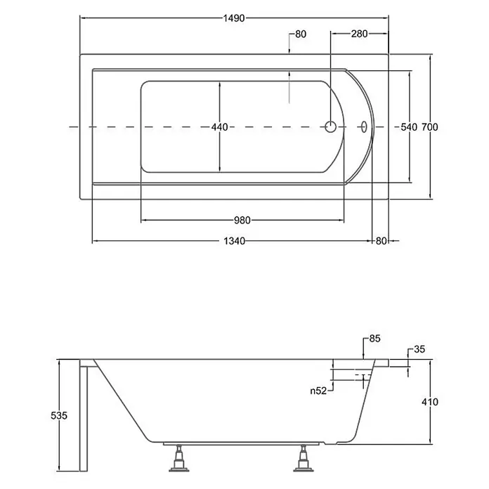 Bad Land Badewanne - 150 x 70 cm, Sanitäracryl, Weiß - Technische Zeichnung einer Badewanne mit Draufsicht und Seitenansicht, inklusive detaillierter Maße.