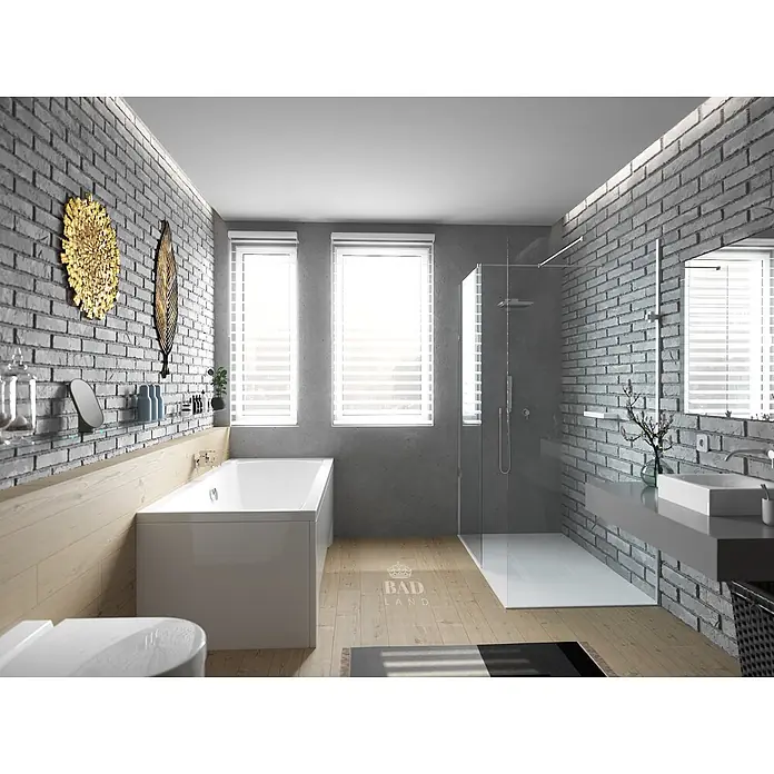 Bad Land Badewanne INES Acryl-Eckwanne 170 x 75 cm Weiß - 170 x 75 cm, Sanitäracryl, Weiß - Modernes Badezimmer mit grauen Ziegelwänden, hellen Holzfußböden, einer weißen Badewanne, Glasdusche und einem schwebenden Waschtisch.