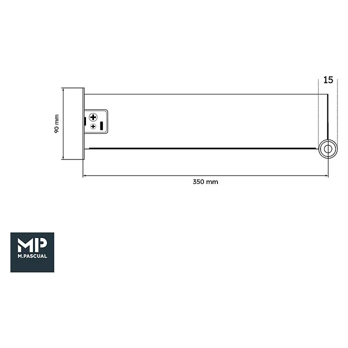 M.Pascual Guía para cajones - Longitud de instalación: 350 mm, Capacidad de carga: 45 kg, Extracción parcial, Lateral integrado - Dibujo técnico de un componente eléctrico rectangular de 90x350 mm con terminales de tornillo y un extremo circular de 15 mm.