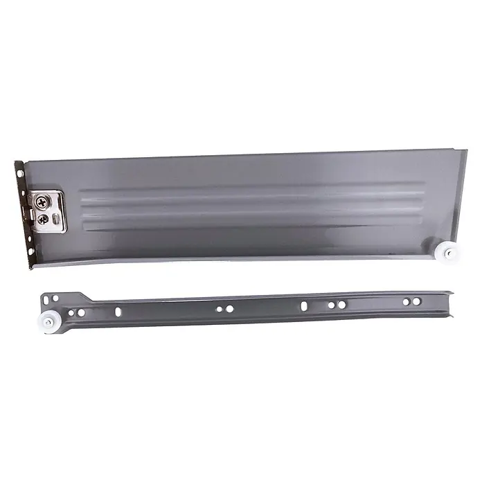 M.Pascual Guía para cajones - Longitud de instalación: 350 mm, Capacidad de carga: 45 kg, Extracción parcial, Lateral integrado - Correderas de cajón de metal gris, con un lateral de cajón con soporte de montaje y un riel guía separado, ambos con ruedas blancas.