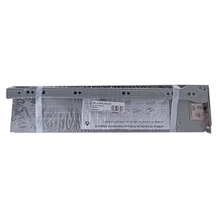 M.Pascual Guía para cajones - Longitud de instalación: 400 mm, Capacidad de carga: 45 kg, Extracción parcial, Lateral integrado - Laterales de cajón grises de metal de 85 mm con guías de rodillos, empaquetados en plástico transparente.