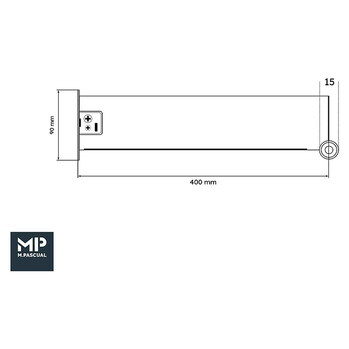 M.Pascual Guía para cajones - Longitud de instalación: 400 mm, Capacidad de carga: 45 kg, Extracción parcial, Lateral integrado - Dibujo técnico de una luminaria rectangular de 400mm de largo por 90mm de alto, con terminales eléctricos y detalle final de 15mm.