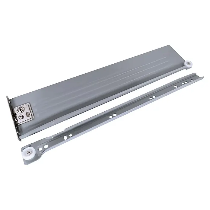 M.Pascual Guía para cajones - Longitud de instalación: 400 mm, Capacidad de carga: 45 kg, Extracción parcial, Lateral integrado - Dos guías de cajón de metal gris con ruedas blancas y orificios de montaje, para un deslizamiento suave.