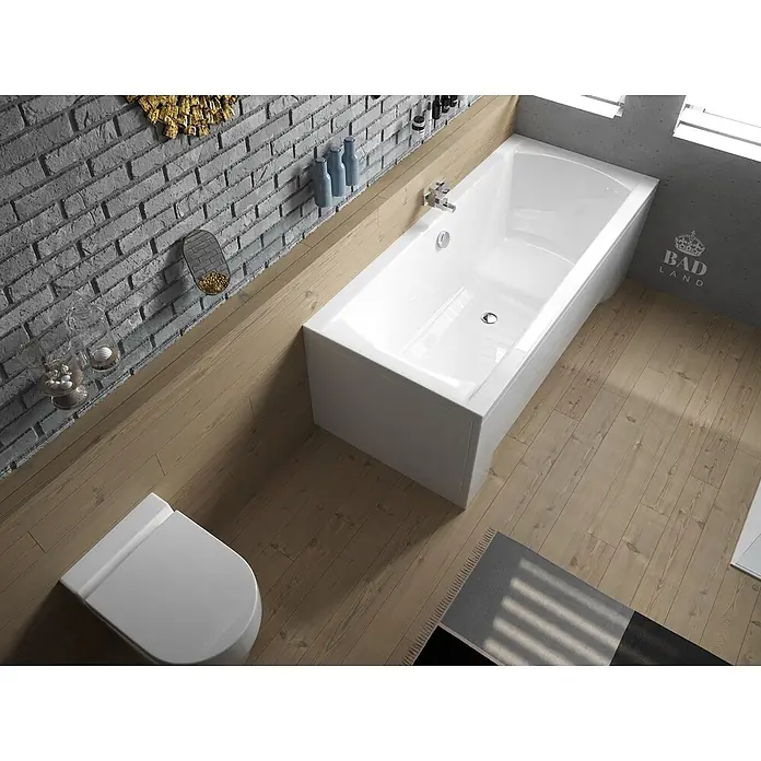 Bad Land Badewanne INES Acryl-Eckwanne 170 x 75 cm Weiß - 170 x 75 cm, Sanitäracryl, Weiß - Weiße rechteckige Badewanne mit Chromarmaturen in einem modernen Badezimmer.