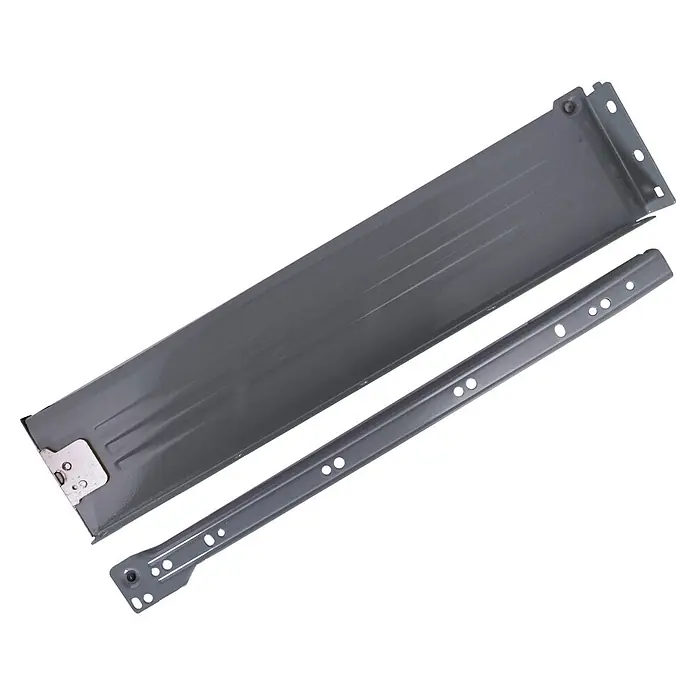 M.Pascual Guía para cajones - Longitud de instalación: 400 mm, Capacidad de carga: 45 kg, Extracción parcial, Lateral integrado - Dos guías de cajón de metal gris, una ancha y una estrecha, para montaje de muebles.