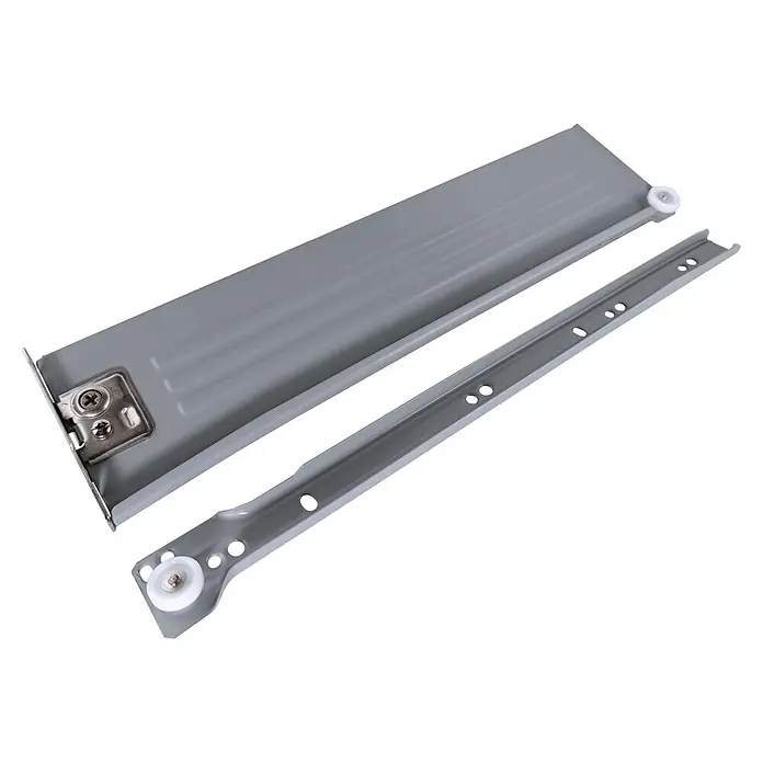 M.Pascual Guía para cajones - Longitud de instalación: 450 mm, Capacidad de carga: 45 kg, Extracción parcial, Lateral integrado - Correderas de cajón de metal gris con ruedas de plástico blancas para un movimiento suave.