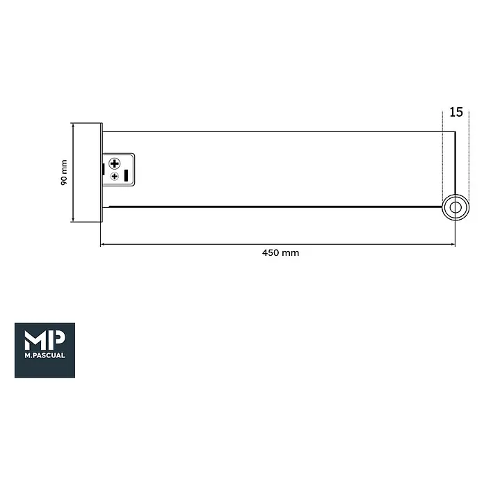 M.Pascual Guía para cajones - Longitud de instalación: 450 mm, Capacidad de carga: 45 kg, Extracción parcial, Lateral integrado - Dibujo técnico de un perfil rectangular, de 90mm de alto y 450mm de largo, con conector y pieza final.