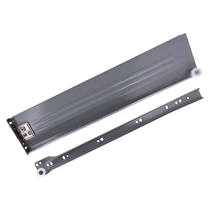 M.Pascual Guía para cajones - Longitud de instalación: 450 mm, Capacidad de carga: 45 kg, Extracción parcial, Lateral integrado - Sistema de cajón y corredera de metal gris con ruedas para un deslizamiento suave.