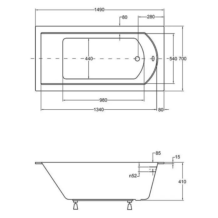 Bad Land Badewanne SHEA SLIM Acryl-Eckwanne 150 x 70 cm Weiß - 150 x 70 cm, Sanitäracryl, Weiß - Technische Zeichnung einer rechteckigen Badewanne mit abgerundetem Ende, zeigt Draufsicht und Seitenansicht mit Gesamt- und Innenmaßen.