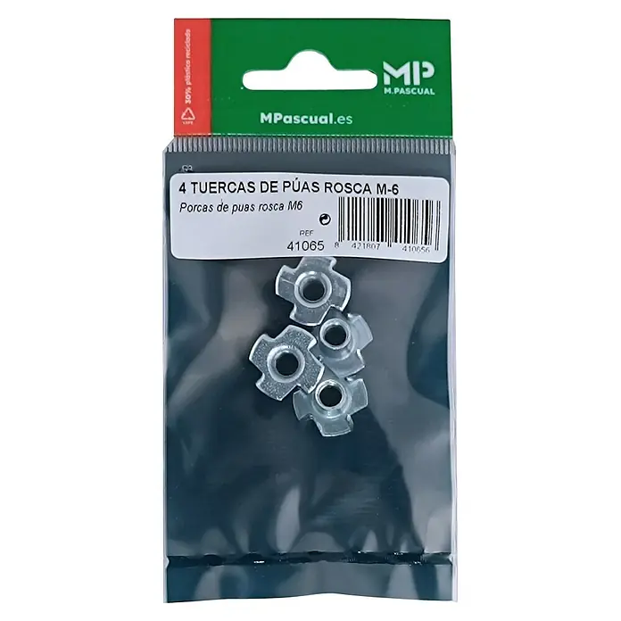 M.Pascual Tuerca de encastre - M 6, Satinado, 4 ud. - Cuatro tuercas de púas M6 de metal plateado en bolsa transparente.