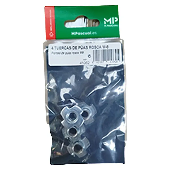 M.Pascual Tuerca de encastre - M 8, Satinado, 4 ud. - Cuatro tuercas de púas metálicas plateadas con rosca M8, envasadas en una bolsa de plástico transparente.