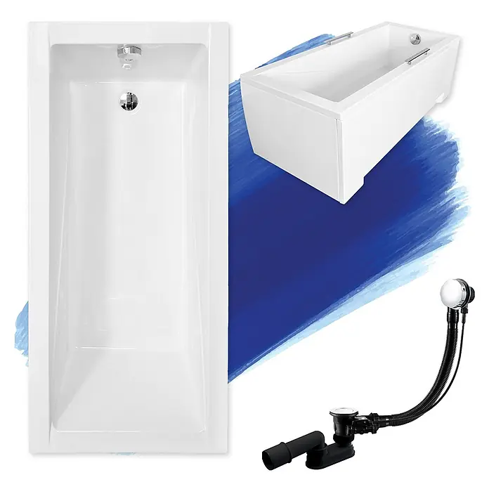 Bad Land Badewanne - 170 x 70 cm, Sanitäracryl, Weiß - Zwei weiße Badewannen (Draufsicht und schräge Ansicht) und ein komplettes Badablaufset mit Abfluss und Überlauf.
