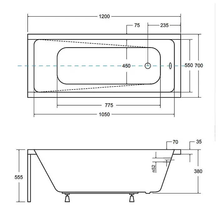 Bad Land Badewanne - 120 x 70 cm, Sanitäracryl, Weiß - Technische Zeichnungen einer weißen Badewanne mit detaillierten Maßen.