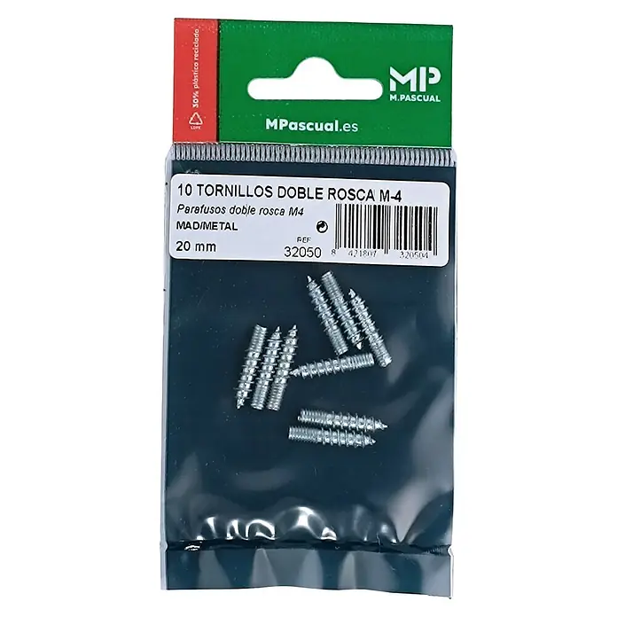 M.Pascual Perno de doble rosca - Ø x L: 4 x 20 mm, Rosca métrica, 10 ud. - Bolsa de plástico transparente con 10 tornillos M4 de doble rosca plateados, de 20 mm, para madera y metal.