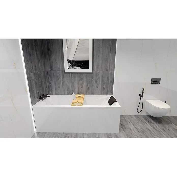 Bad Land Badewanne - 170 x 70 cm, Sanitäracryl, Weiß - Modernes weißes Badezimmer mit Badewanne, hölzernem Badewannenablage und wandhängendem WC.