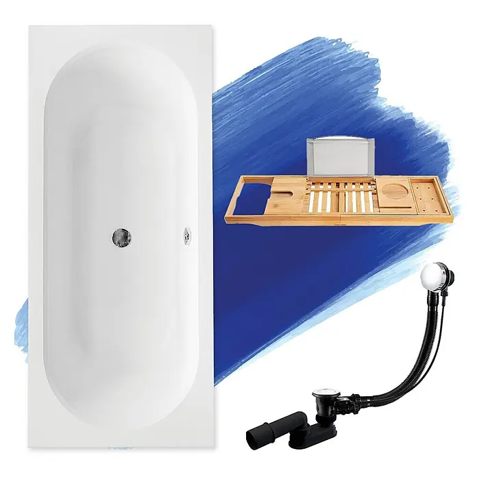 Bad Land Badewanne - 180 x 80 cm, Sanitäracryl, Weiß - Weiße Badewanne, hölzerner Badewannenablage mit Halterung und schwarzes Chrom-Ablauf-/Überlaufset.