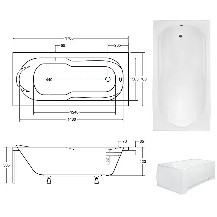Bad Land Badewanne - 170 x 70 cm, Sanitäracryl, Weiß - Weiße Badewanne mit detaillierten technischen Zeichnungen und Produktansichten von oben und in Perspektive.