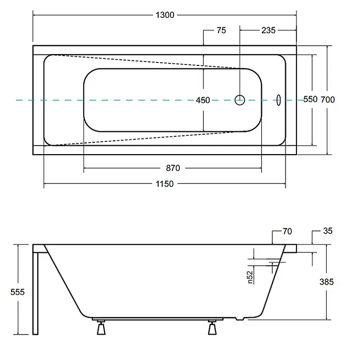Bad Land Badewanne - 130 x 70 cm, Sanitäracryl, Weiß - Technisches Datenblatt einer Badewanne mit Maßen, Draufsicht und Seitenansicht.