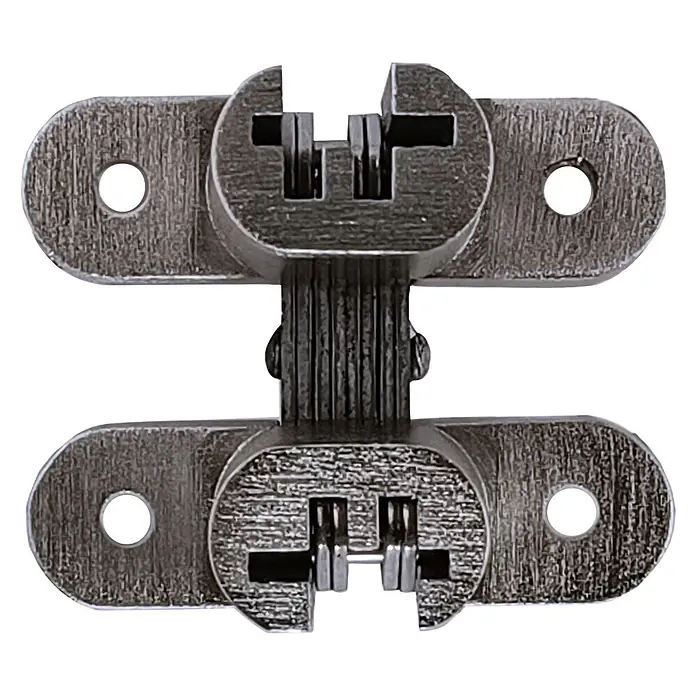 M.Pascual Bisagra para embutir - L x An: 70 x 43 mm, Niquelado - Bisagra oculta de metal gris cepillado, articulada, con dos placas de montaje para instalación enrasada en puertas o armarios.