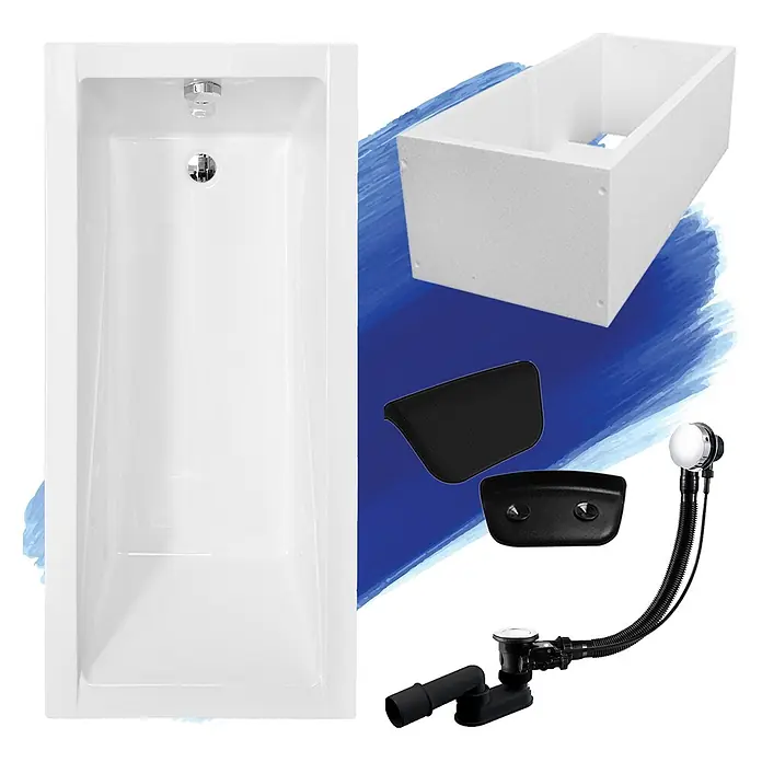 Bad Land Badewanne - 150 x 70 cm, Sanitäracryl, Weiß - Set von Badkomponenten: weiße Badewanne, rechteckiger Stützrahmen, schwarze Badekissen und ein komplettes Ab- und Überlaufset.