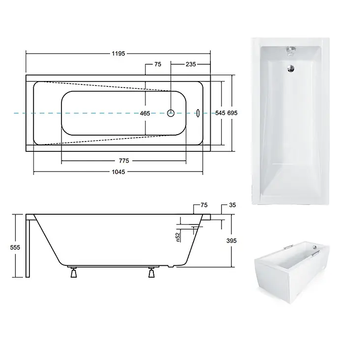 Bad Land Badewanne -  - Weiße rechteckige Badewanne mit technischen Maßzeichnungen und Produktansichten.
