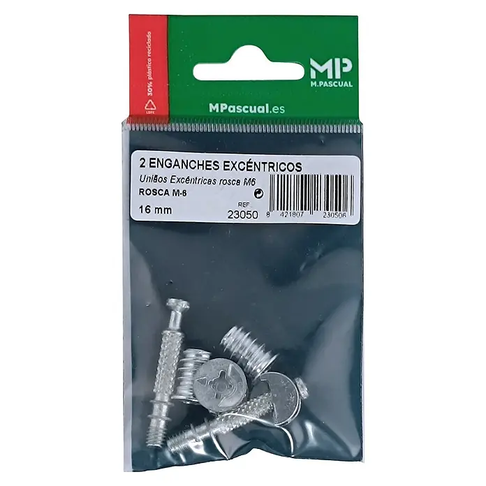 M.Pascual Racor de conexión excéntrica - M6, Específico para: Aglomerado 16 mm, 2 ud. - Un paquete de conectores excéntricos metálicos para el montaje de muebles, que incluye tornillos, tacos y tuercas excéntricas.