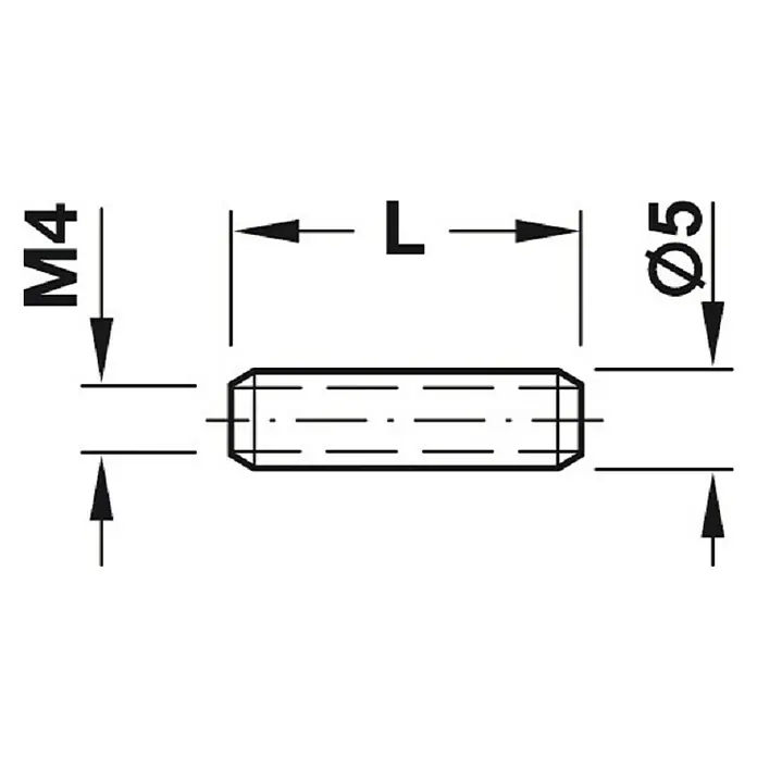 Häfele Casquillo roscado - Largo: 18 mm, Específico para: Espesor de la madera 24 - 29 mm - Dibujo técnico de un pasador cilíndrico con dimensiones M4 y Ø5, longitud L.