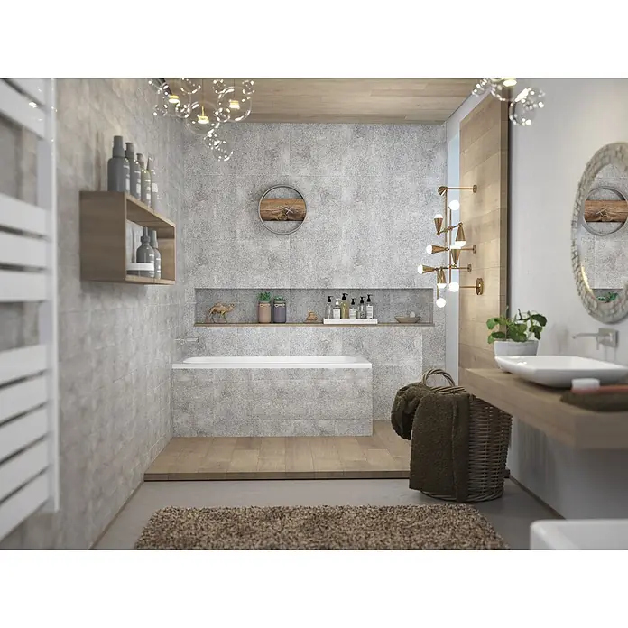 Bad Land Badewanne CLASSIC Acryl-Eckwanne 140 x 70 cm Weiß, inkl. Wannenträger - Sanitäracryl, Weiß - Eine elegante, weiße, eingebaute Badewanne auf einer erhöhten Holzplattform in einem modernen Badezimmer mit grauen Fliesen.