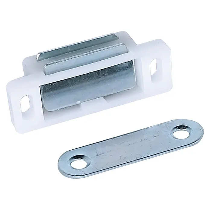 M.Pascual Cierre magnético - Fuerza de adherencia: 4 kg, Blanco, 2 ud. - Pestillo magnético de plástico blanco con inserciones metálicas y placa metálica separada.