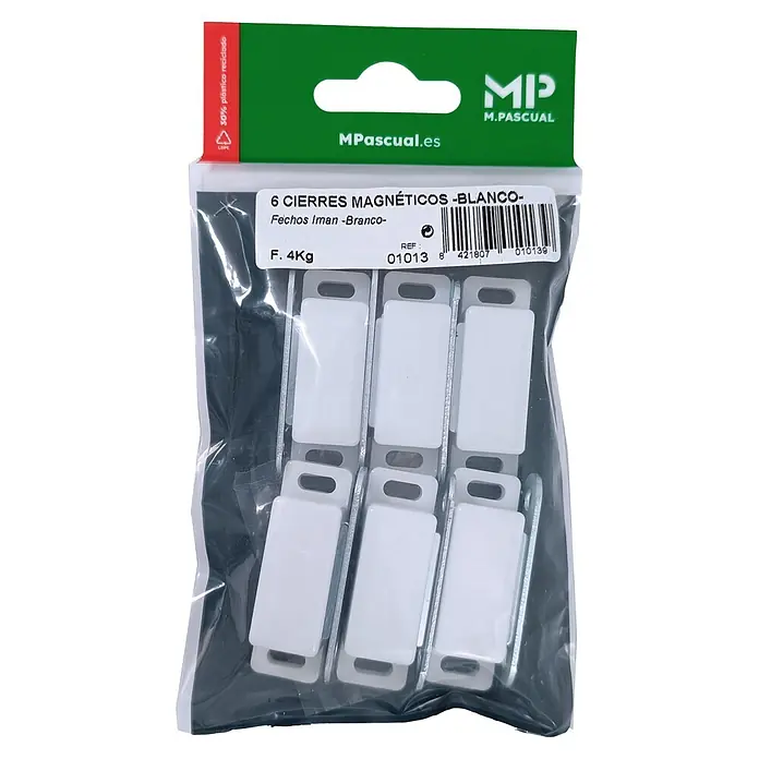 M.Pascual Cierre magnético - Fuerza de adherencia: 4 kg, Blanco, 6 ud. - Seis cierres magnéticos blancos en un embalaje de plástico transparente.
