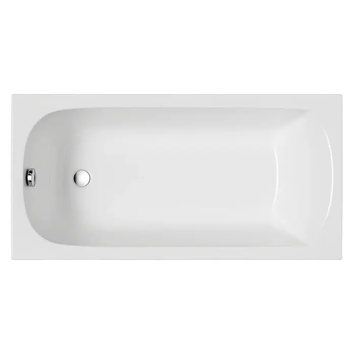 Bad Land Badewanne CLASSIC Acryl-Eckwanne 140 x 70 cm Weiß, inkl. Wannenträger - Sanitäracryl, Weiß - Weiße rechteckige Badewanne mit Chrom-Überlauf und -Abfluss, von oben gesehen.