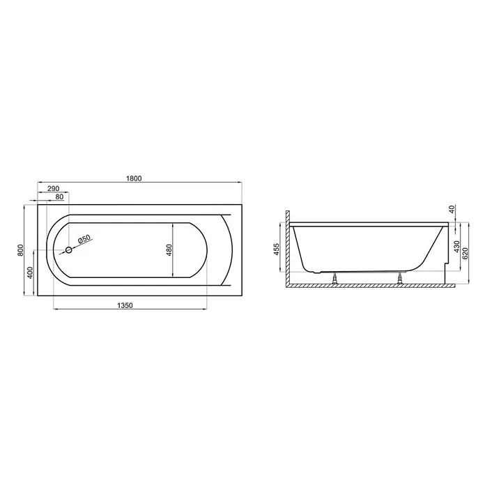 Bad Land Badewanne CLASSIC Acryl-Eckwanne 180 x 80 cm Weiß - Sanitäracryl, Weiß - Technisches Diagramm einer rechteckigen Badewanne mit Draufsicht und Seitenansicht, Gesamtabmessungen 1800x800x620mm und Ø50mm Abfluss.
