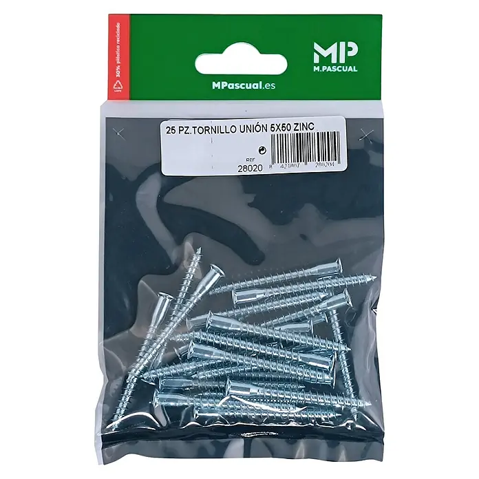 M.Pascual Tornillo de unión - Ø x L: 5 x 50 mm, Zincado, 25 ud. - Veinticinco tornillos de unión cincados de 5x50 mm en una bolsa de plástico transparente.