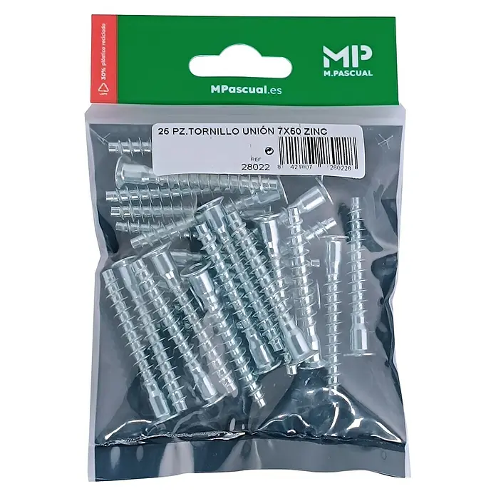 M.Pascual Tornillo de unión - Ø x L: 7 x 50 mm, Zincado, 25 ud. - 25 tornillos de unión 7x60 cincados en una bolsa de plástico transparente con cabecera verde.