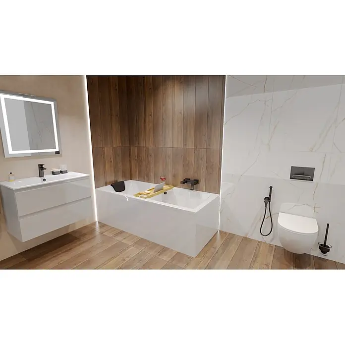 Bad Land Badewanne - 165 x 75 cm, Sanitäracryl, Weiß - Modernes Badezimmer mit weißer Badewanne, Waschtisch und Toilette. Mit Holz- und Marmoroptik-Wandfliesen und schwarzen Armaturen.