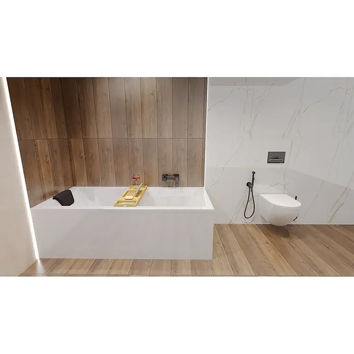 Bad Land Badewanne - 165 x 75 cm, Sanitäracryl, Weiß - Modernes Badezimmer mit weißer Badewanne, Holzablage und wandhängendem WC mit Bidetbrause.