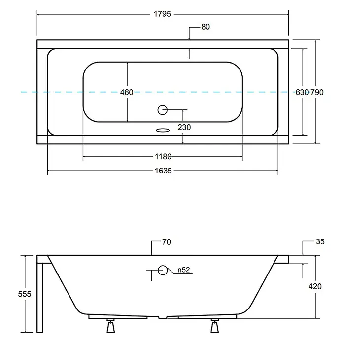 Bad Land Badewanne - 180 x 80 cm, Sanitäracryl, Weiß - Technisches Zeichnung einer rechteckigen Badewanne mit Draufsicht und Seitenansicht samt detaillierten Maßen.